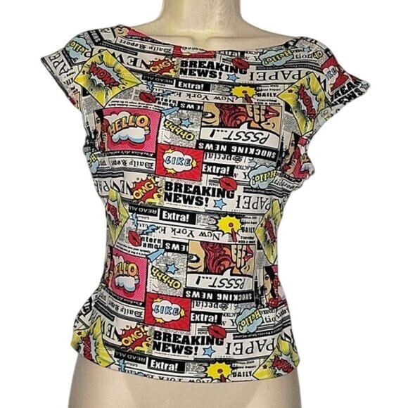 Newspaper Comic Print Twist‎ Front Halter Top Sleeveless Sexy Going Out L retro - Picture 2 of 6